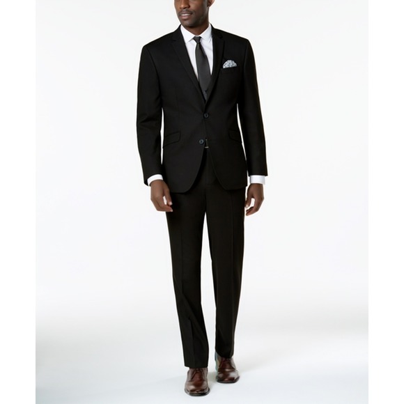 Kenneth Cole Reaction 2 Piece Suit Mens 38S Pants 31W Black Two Buttons Set NWT